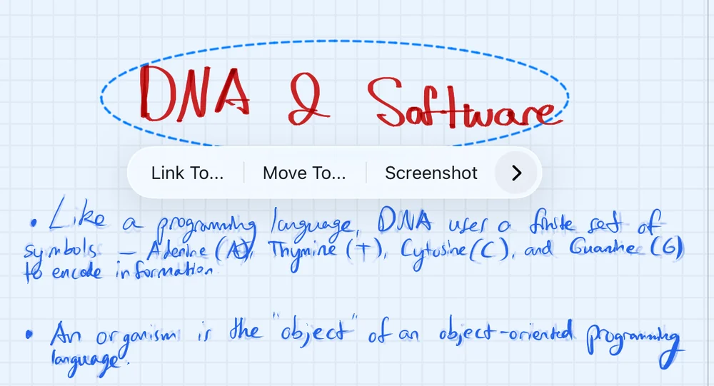 A lasso around the heading DNA and Software with a menu offering Link To, Move To, and Screenshot