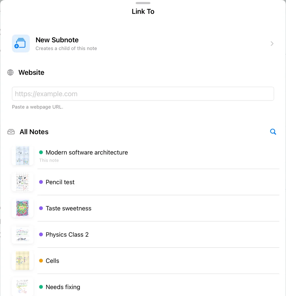 The Link To sheet with New Subnote, a website field, and a list of all notes