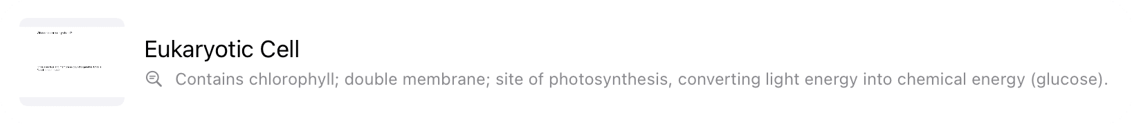 A search result for Eukaryotic Cell showing the matching text from a flashcard deck